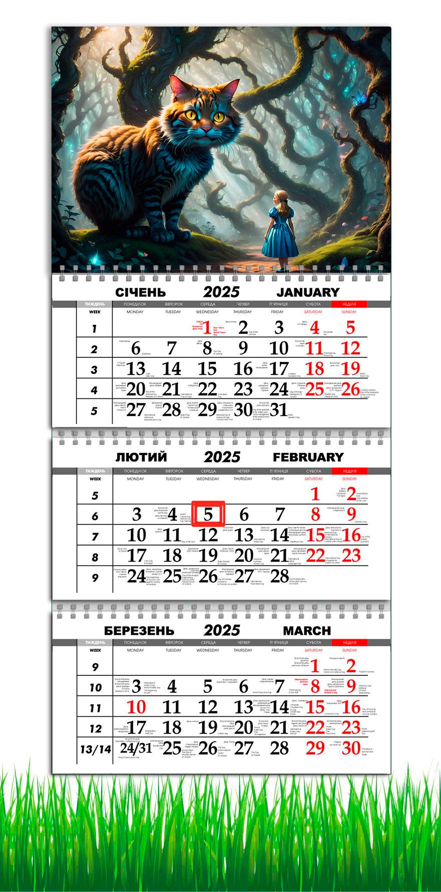 Календарь настенный квартальный на 2025 год APRIORI Чеширский кот на 3 пружины 30х61 см (UA3029)