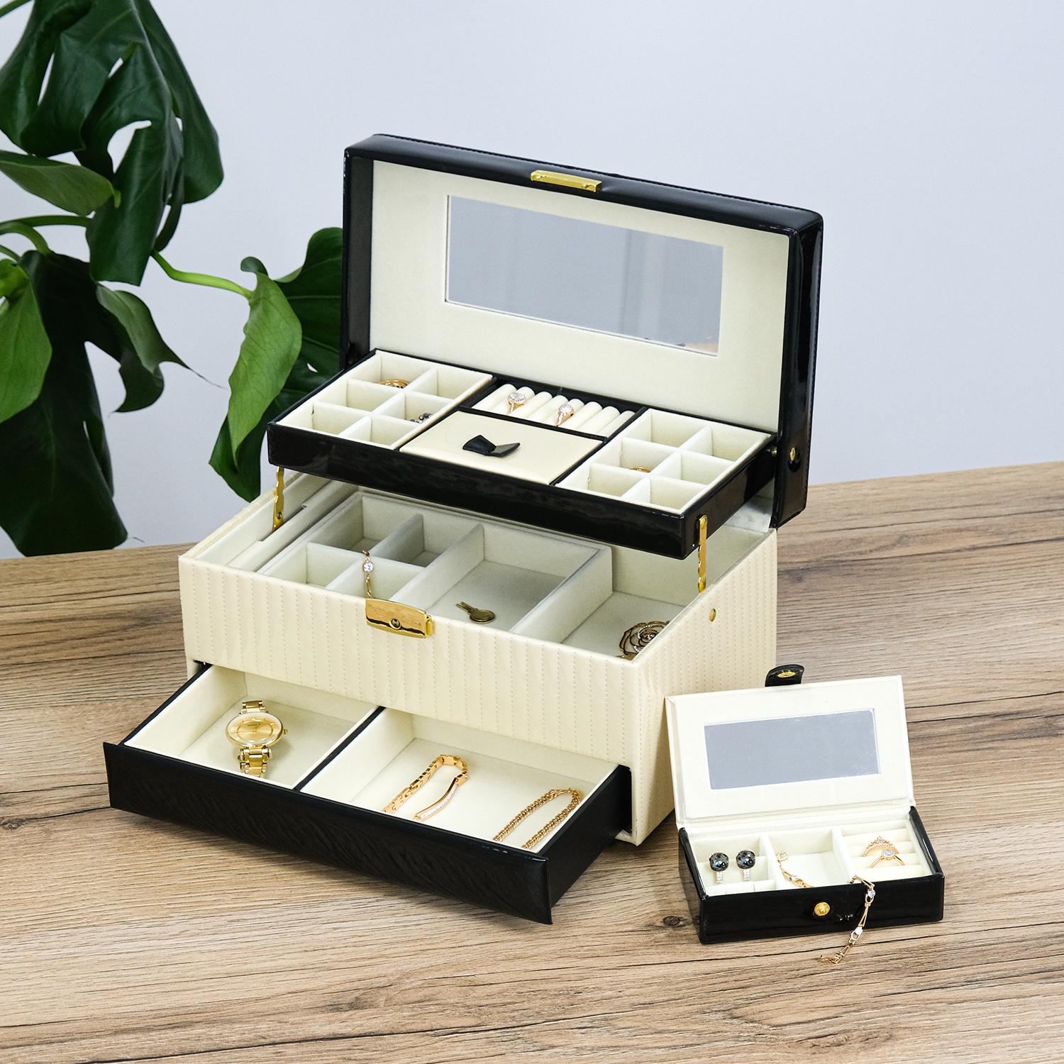 Шкатулка для украшений Гранд Презент трехслойный с зеркалом 30х18,5х16,2 см Белый с черным (JZ-015-3)