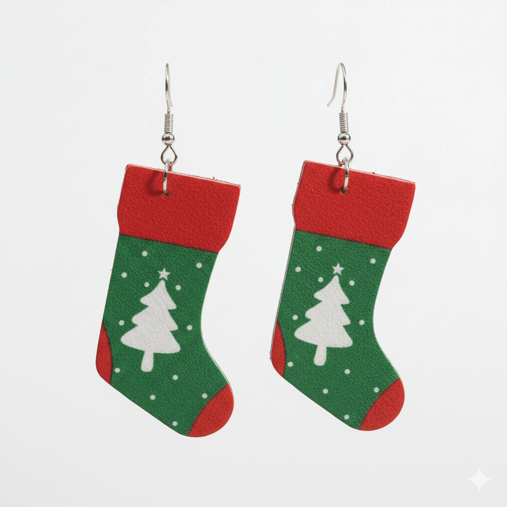 Серьги-подвески Сапожок с елкой искусственная кожа 7 см Красно-зеленый (2818217018)