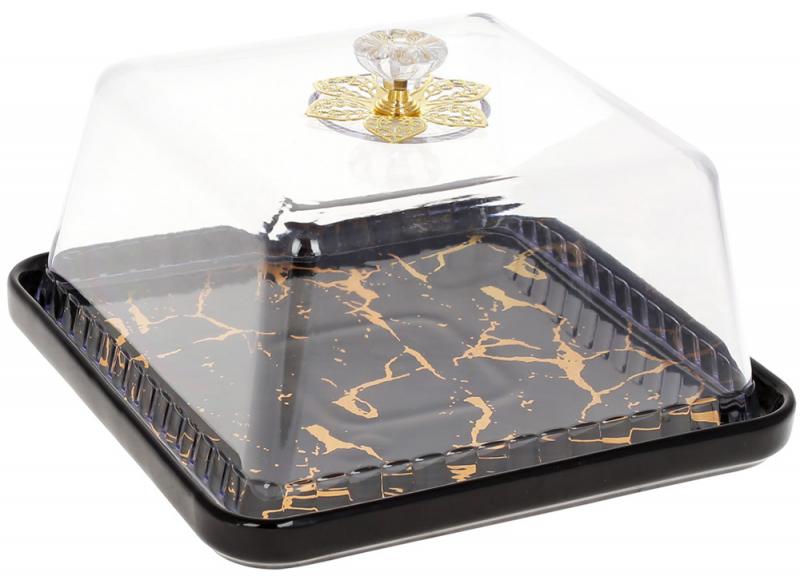Блюдо-тортовница фарфоровое Мраморная Роскошь Ø 21 см с колпаком квадратное Черный мрамор (BD-954-505)