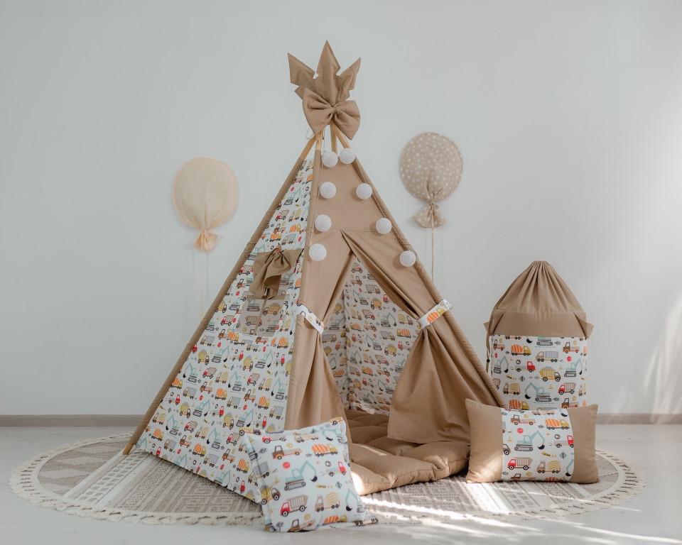 Вігвам дитячий Машинки з матрацом бон бон і подушками з кошиком