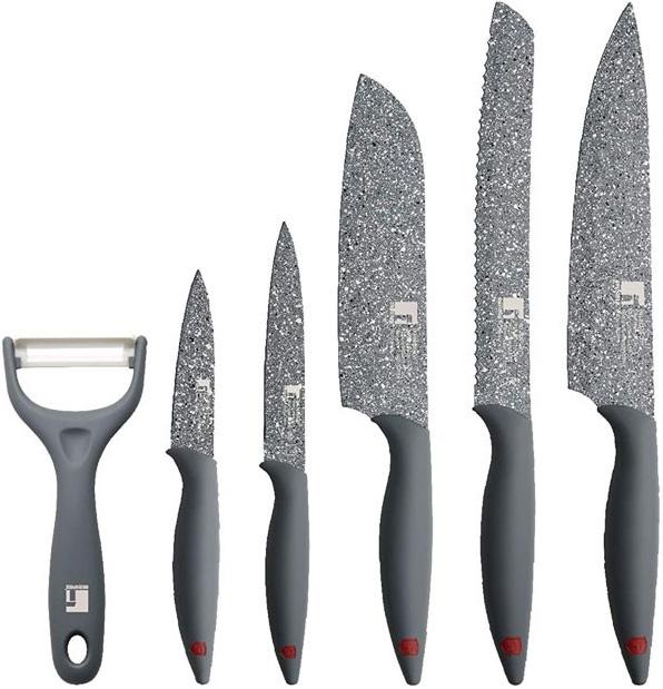 Набір кухонних ножів Bergner Star з мармуровим покриттям 5 шт. та овощечистка (BG-39325-GY)