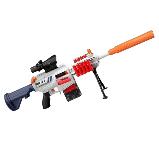 Автомат игрушечный с оптическим прицелом/глушителем стреляет мягкими патронами (160339)