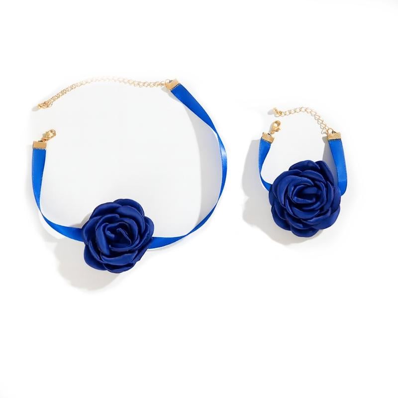 Чокер и браслет объемные Роза на ленте 2 пр. Синий с золотистым (3000003727)