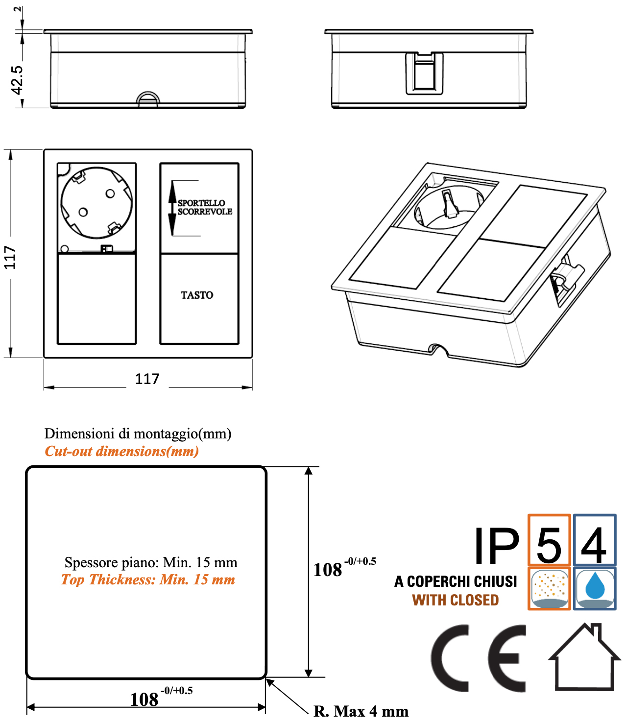 Розетковий блок ASA VERSAHIT Dual 1x220 та 1USB 5V IP54 Нержавіюча сталь (060.15F.00009) - фото 9