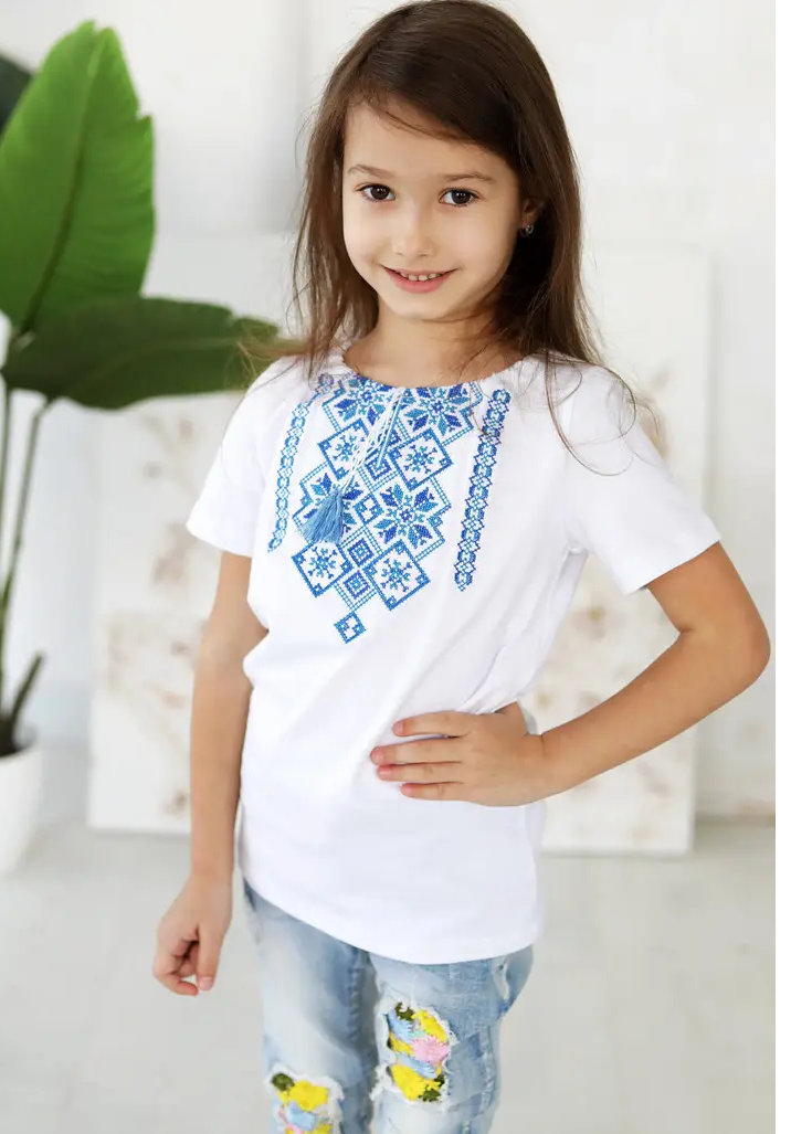 Футболка-вышиванка детская на девочку трикотажная 128 см Белый с голубым (д-03-128)