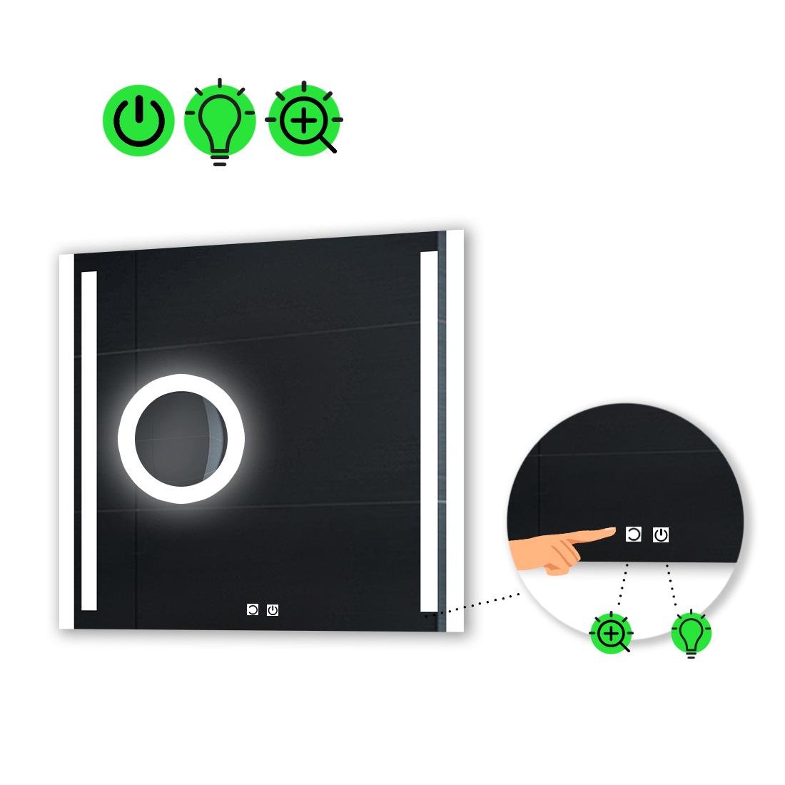 Зеркало с LED подсветкой Mirta с двумя/сенсорами и линзой с подсветкой 100x100 см (Mirtak39)