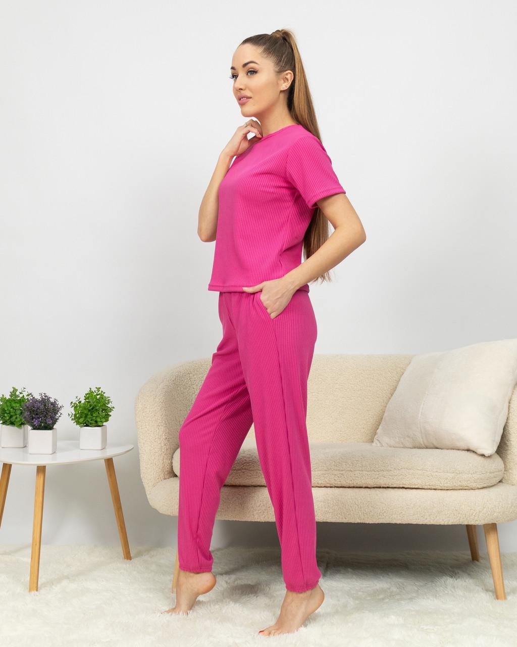 Женская пижама из рубчика футболка и брюки Малиновый (2188007754) - фото 2 Женская пижама из рубчика футболка и брюки Малиновый (2188007754) - фото 2