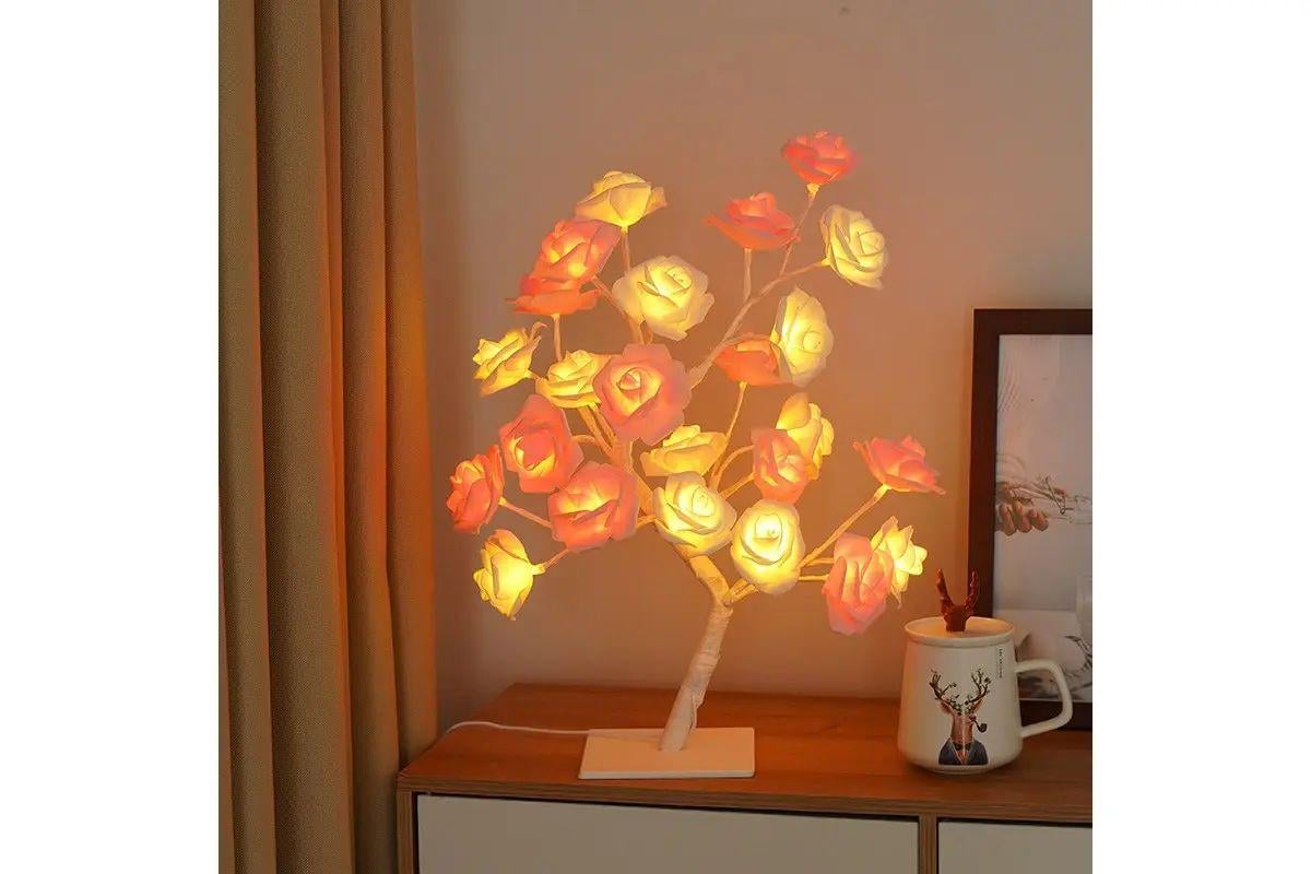 Настільна лампа світлодіодна у формі дерева з трояндами 220В 24 світлодіода гнучка декоративна 50,8х26 см Біло-рожевий