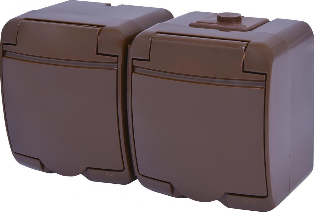 Розетка зовнішня подвійна ETI RHE-2s-KR із заземленням/кришкою IP54 Коричневий (4668052)