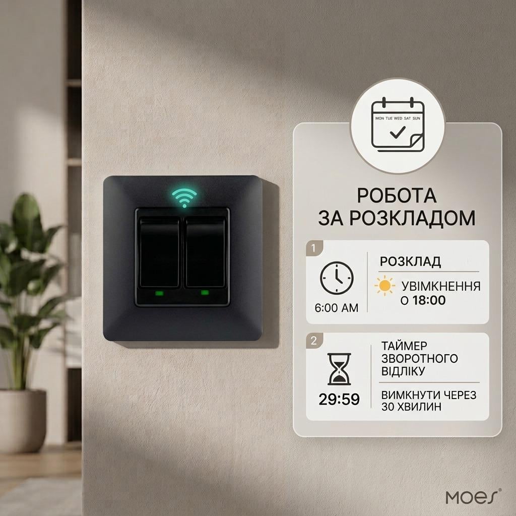 Выключатель Wi-fi Moes Smart Wall module switch 2 клавиши Черный - фото 3