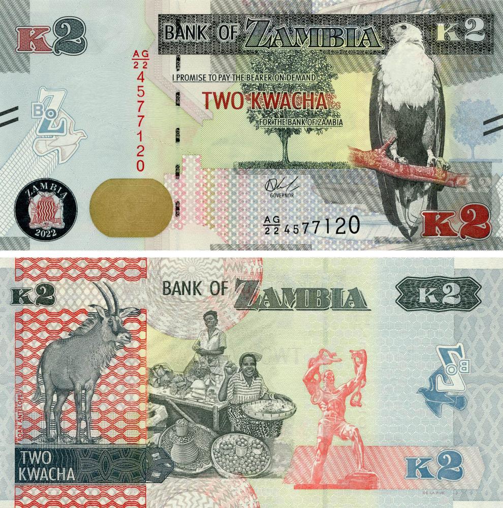 Коллекционная банкнота Замбия 2 квача 2022 Антилопа UNC Pnew (Б18163)