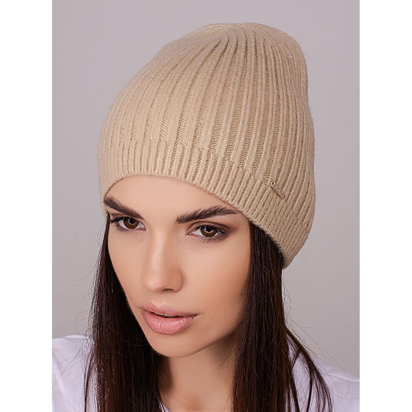 Шапка жіноча Leks ФЛЕШ подовжена без відвороту одинарна з невеликим в'язаним манжетом one size Бежевий (258357) - фото 1