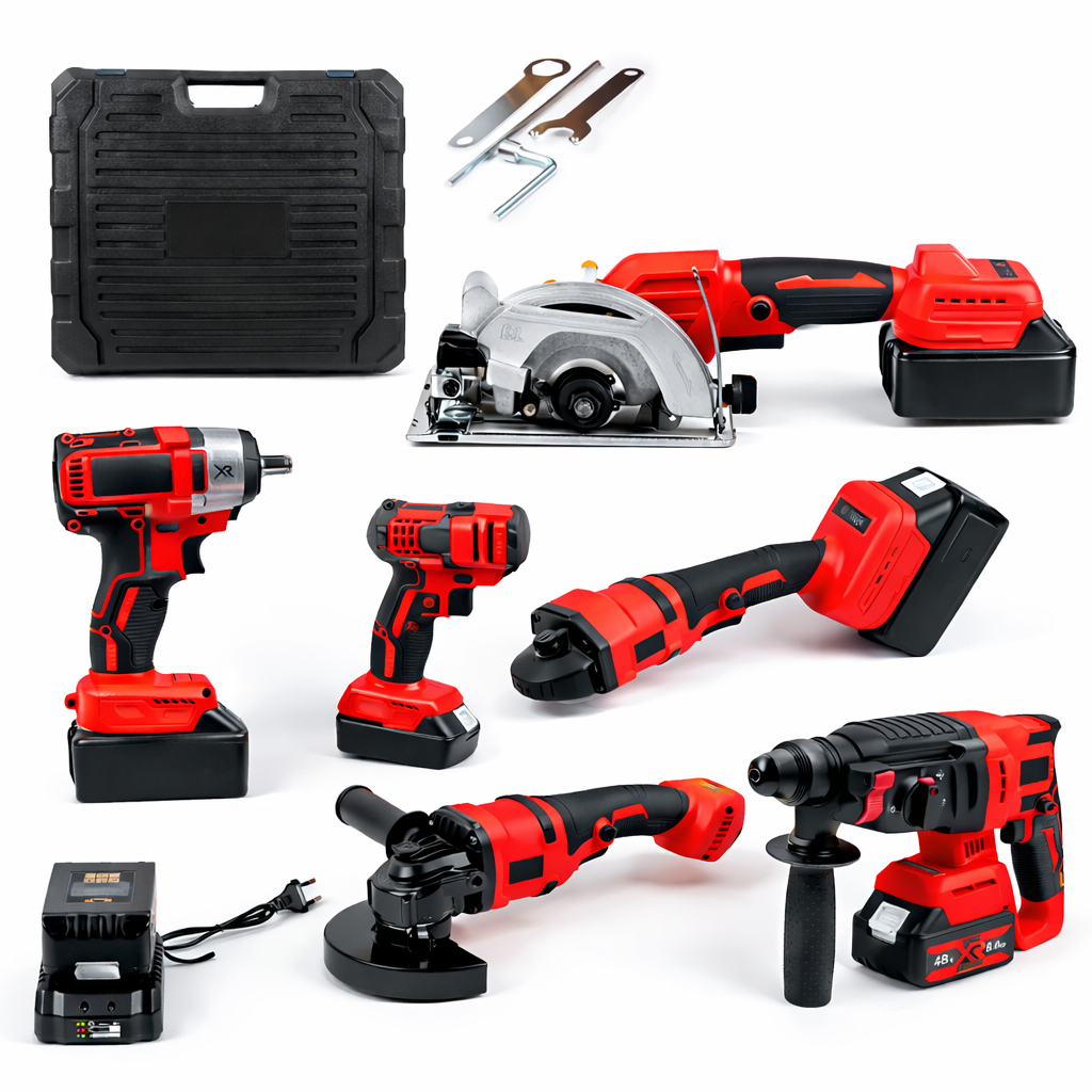 Набір електроінструментів 5в1 перфоратор/гайковерт/шуруповерт/болгарка та циркулярна пилка 4 акумулятори Червоний (opt-106709)