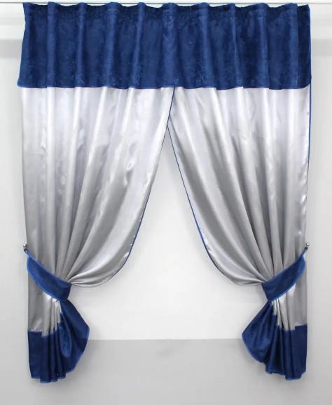 Шторки кухонные с ламбрекеном подвязками 250х170 см Серый/Синий (073к)