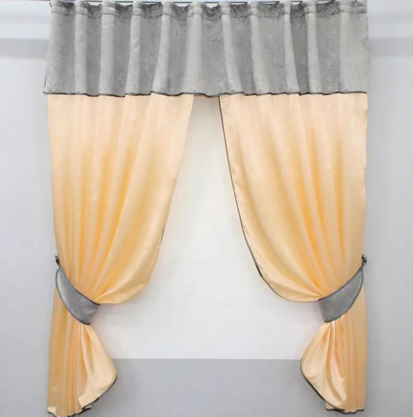 Комплект штор на кухню с ламбрекеном/подвязками 270х170 см Персиковый/Серый (073к)