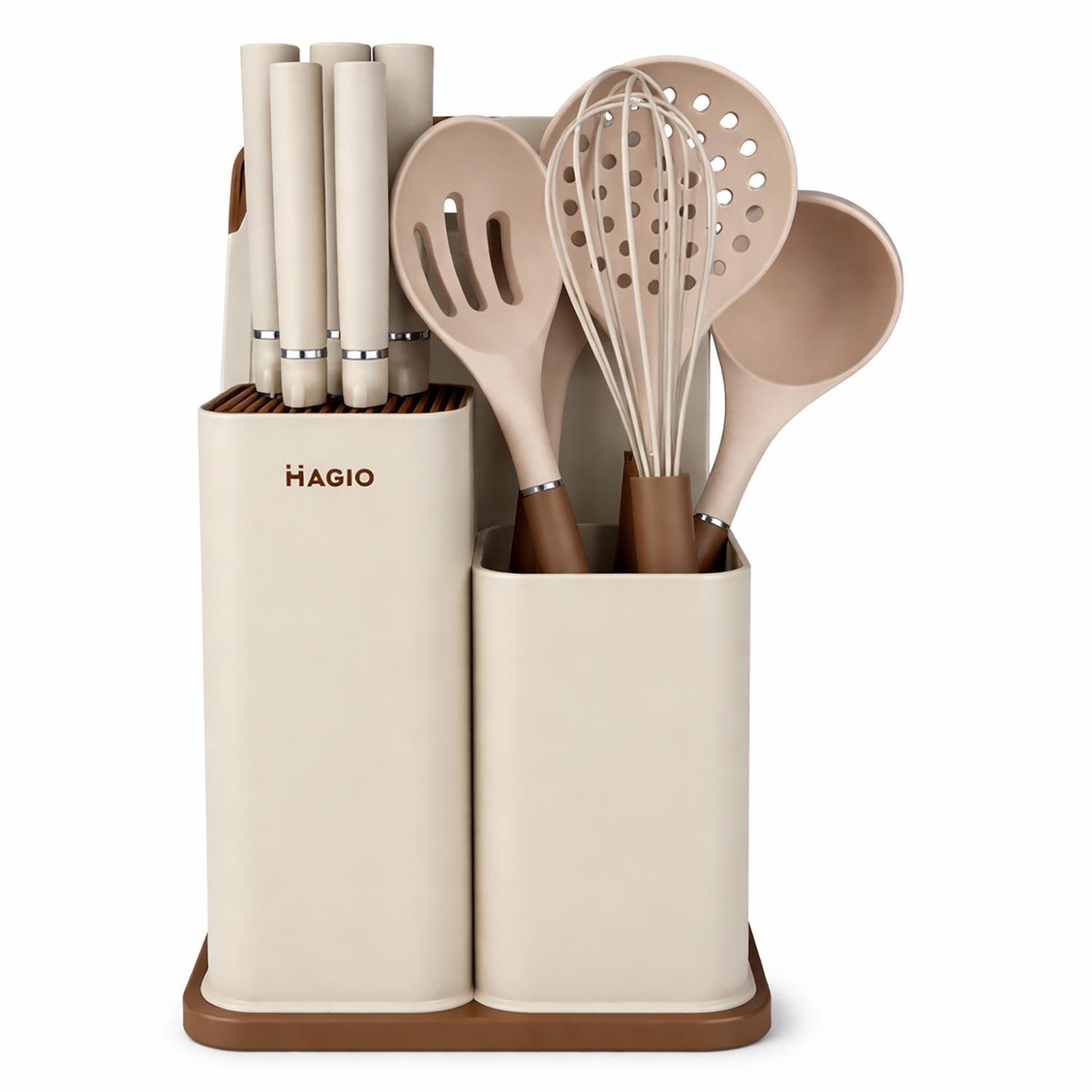 Набор кухонных принадлежностей Magio силиконовый с подставкой и доской 11 пр. Бежевый (MG-1097I)