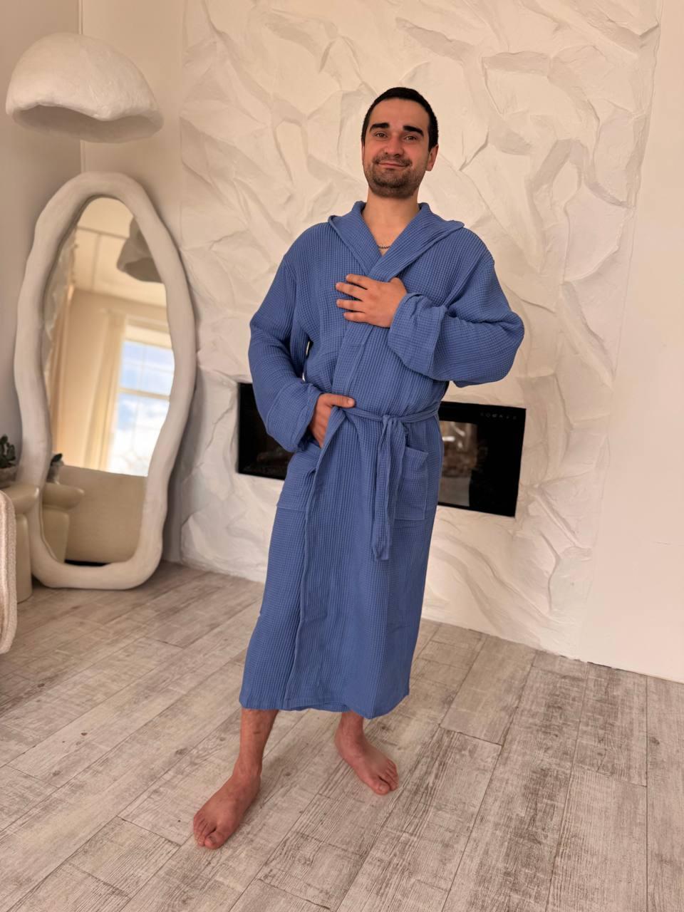 Халат для чоловіків з капюшоном XL/XXL Синій (Д-al-hal-vafel-m-001-02)