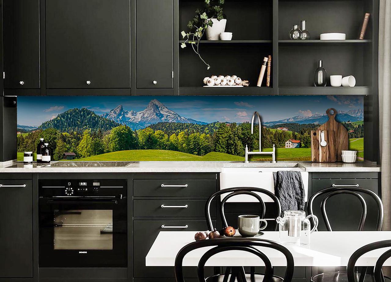 Кухонный фартук Подножье горы скалы деревья из самоклеющейся виниловой пленки 60х250 см Зеленый