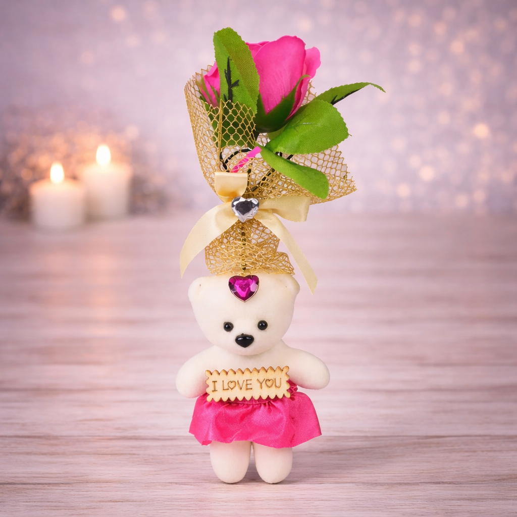 Троянда мильна з ведмежам в прозорій упаковці Малиновий (06-F-7538m)