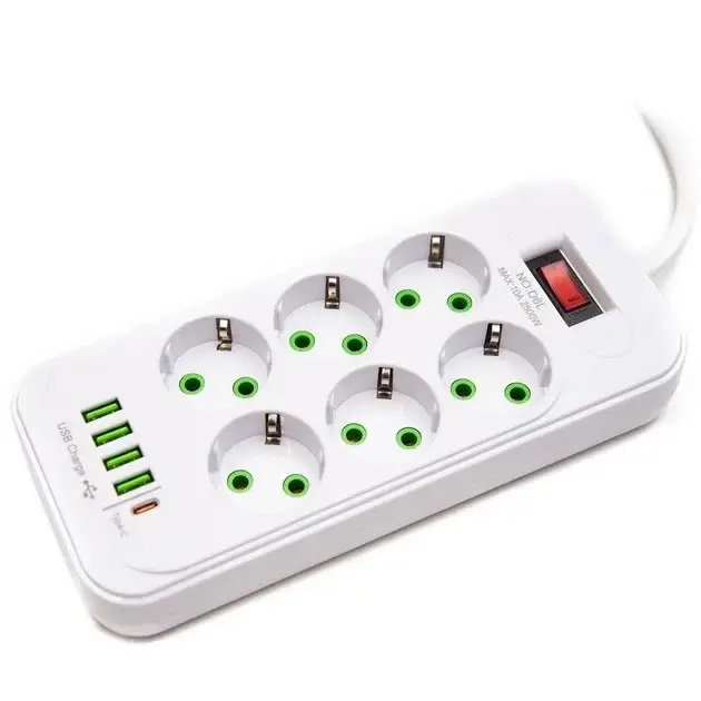 Удлинитель разветвитель сетевой фильтр 10A 2500W D6L 6-220V 4-USB 1-Type-C 3 м (35717674)