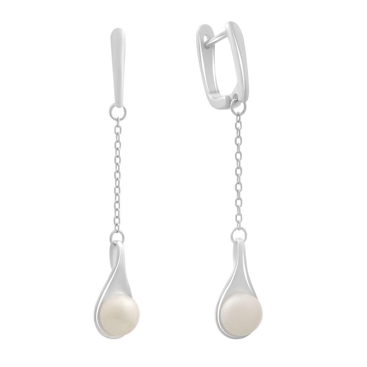 Серьги серебряные длинные цепочки с натуральным жемчугом