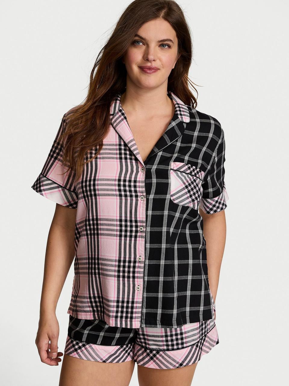 Пижама женская Victoria's Secret Flannel Short Pajama Set принт в клетку L Розовый (3226437712140)
