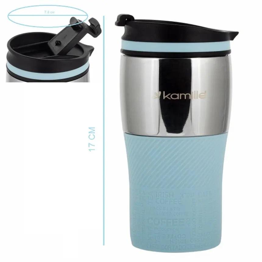 Термокухоль із силіконовою TPR-вставкою Kamille KM-2155 із нержавіючої сталі 320 мл Сталевий/Блакитний (150-84-2155.3) - фото 3 Термокухоль із силіконовою TPR-вставкою Kamille KM-2155 із нержавіючої сталі 320 мл Сталевий/Блакитний (150-84-2155.3) - фото 3