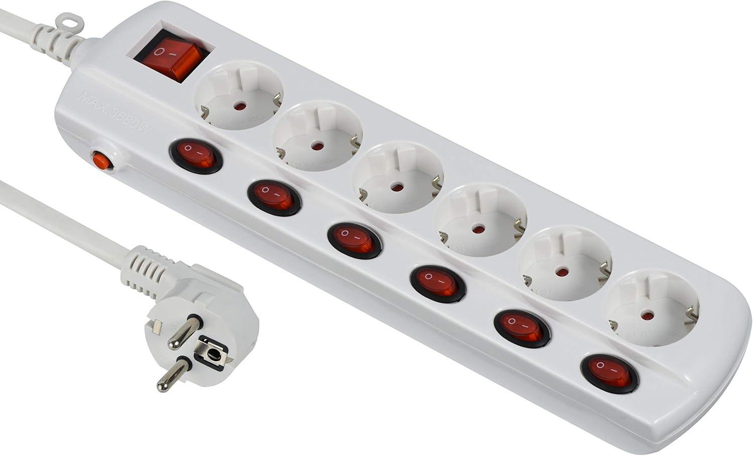 Удлинитель Electraline с защитой с заземлением 6 розеток 1,5 м 16A Индивидуальные выключатели 3х1 мм² Белый