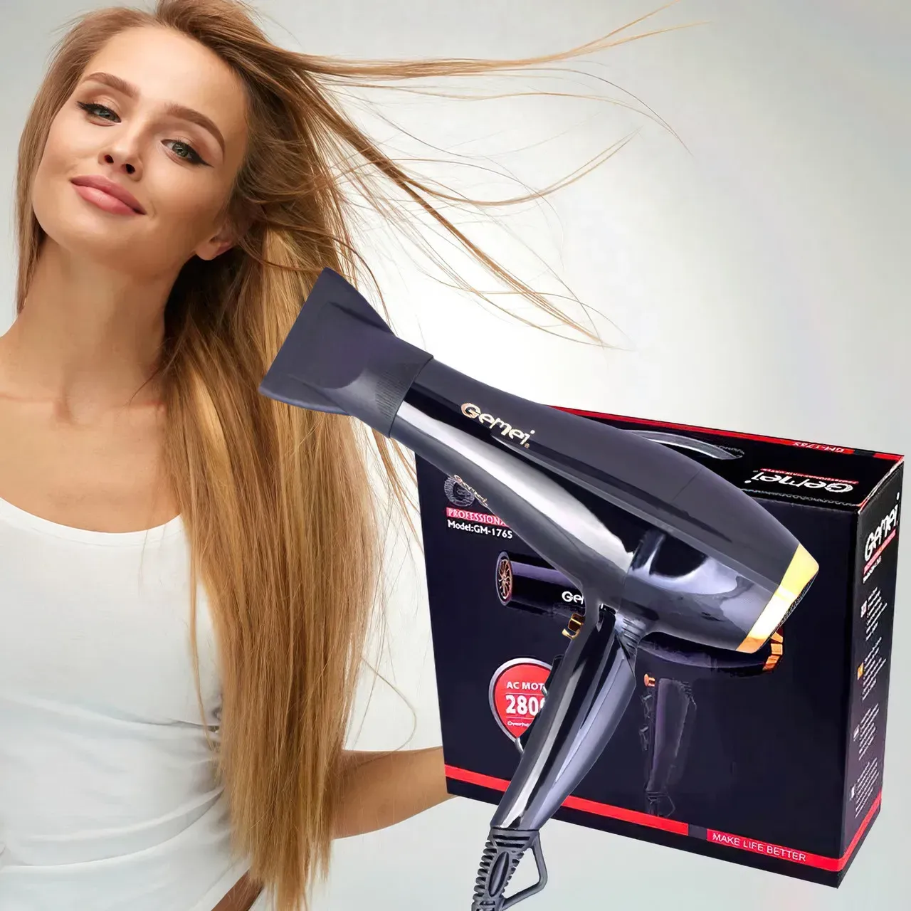 Маленький фен для укладки волос 2800Вт, с 2 насадками, Gemei GM-1780 (L) - фото 9