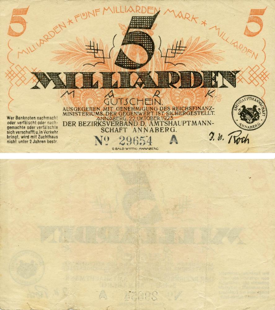 Коллекционная банкнота Германия Нотгельд 5 000 000 000 марок 1923 F-VF Аннаберг (Б18880)