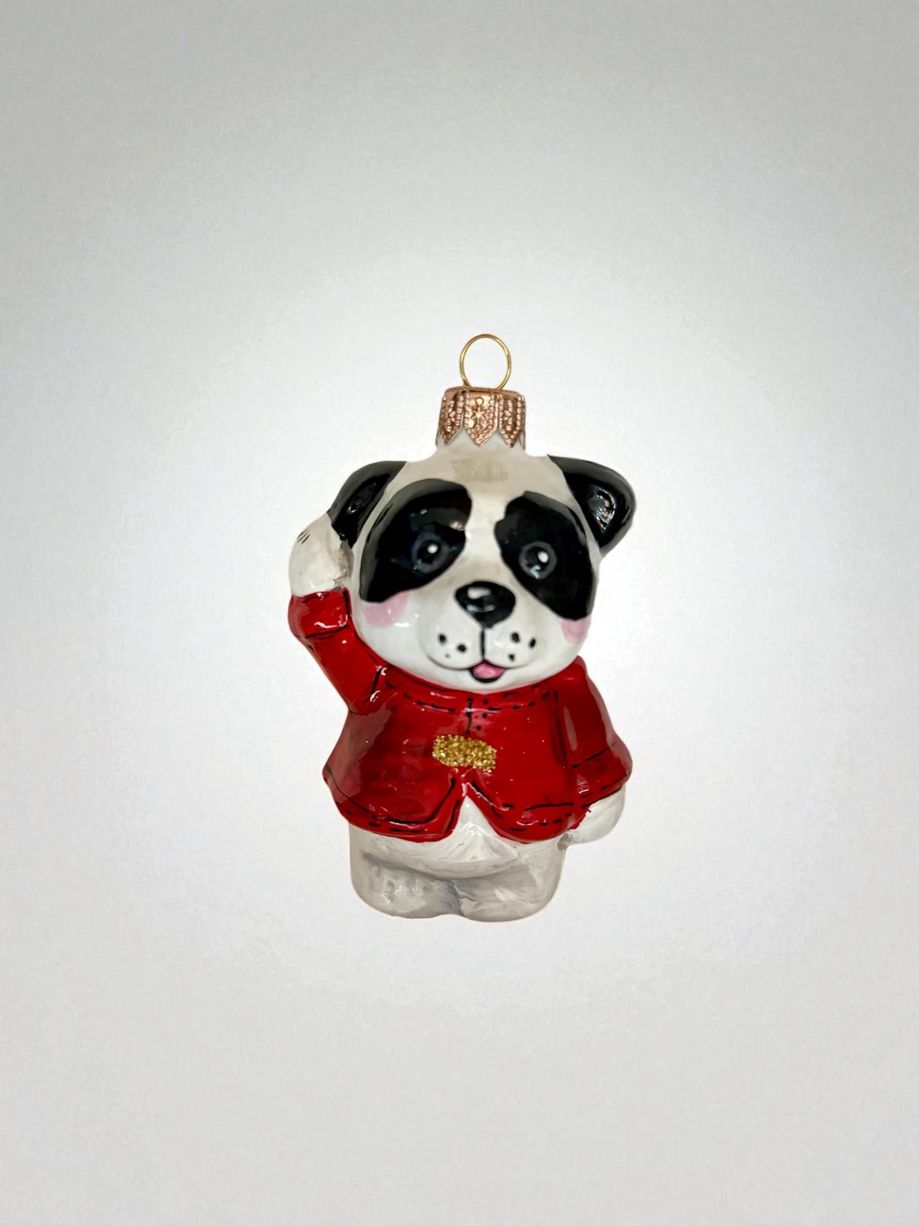 Іграшка на ялинку Ведмедик-Панда з піднятою лапкою зі скла (F-bear-3)