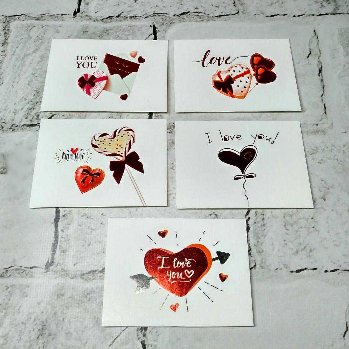 Открытки подарочные Валентинки День Святого Валентина Микс 6,6х9,4 см 5 шт. (5504-12)