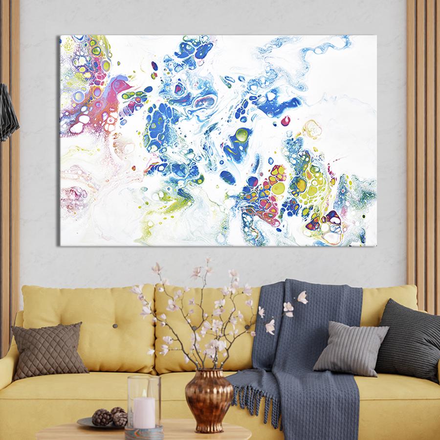 Настінний декор картина на холсті для інтер’єру Абстракція безладні фарби на білому листі 51x34 см (57-1)