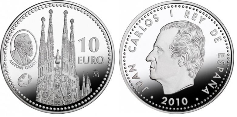 Колекційна монета Іспанія 10 євро 2010 Срібло Proof Барселона Антоніо Гауді Храм Святого Сімейства Ag 925° 27 г (15387312)