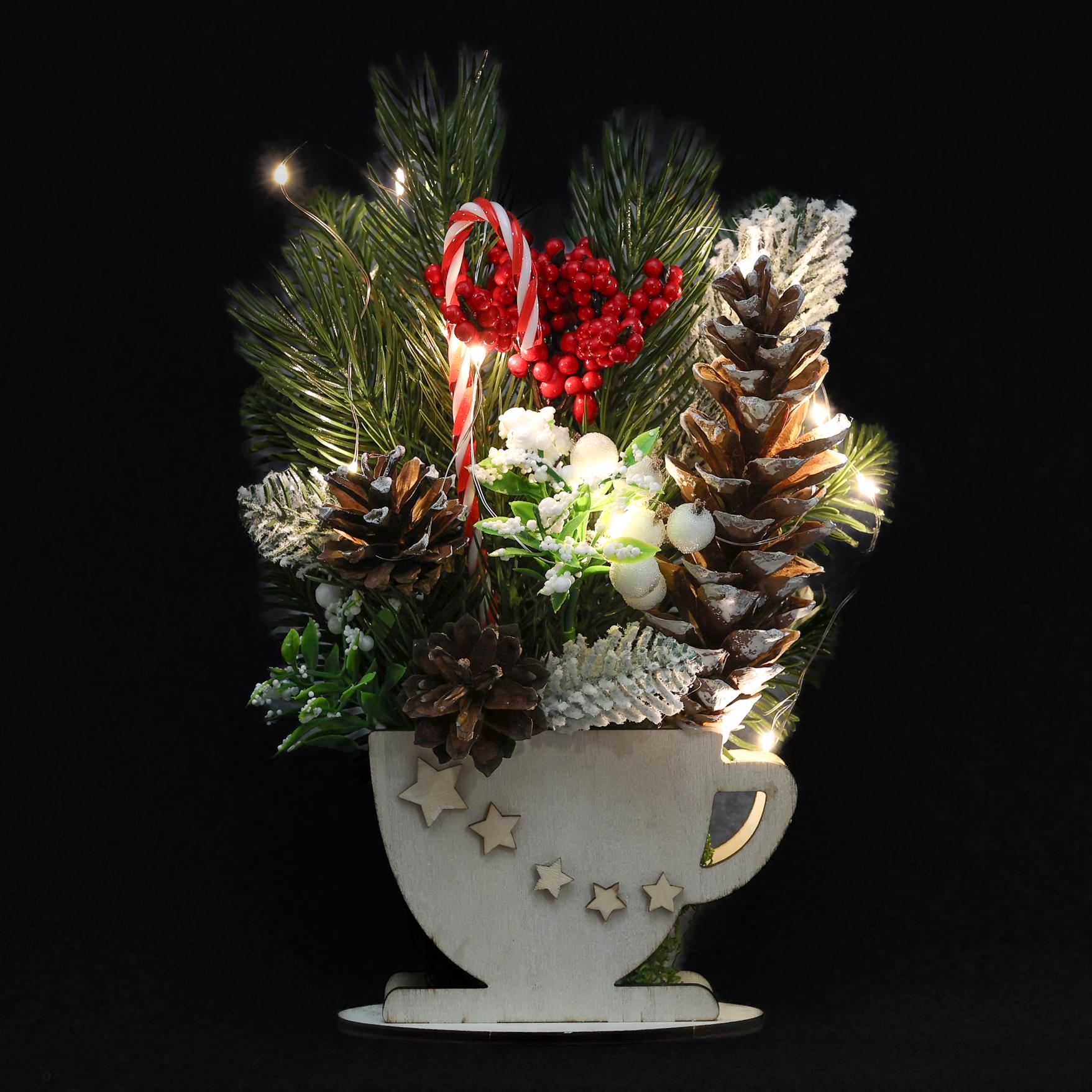 Композиция новогодняя GALA DECOR в деревянной чашке с шишками/хвоей/ягодами и лед подсветкой 25 см (К2515Л) - фото 4 Композиция новогодняя GALA DECOR в деревянной чашке с шишками/хвоей/ягодами и лед подсветкой 25 см (К2515Л) - фото 4