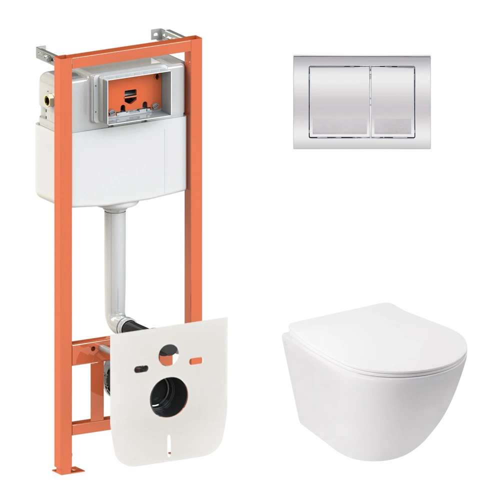 Комплект для ванной комнаты Qtap подвесной унитаз Jay Rimless и комплект установки Nest 4в1 квадратная клавиша Chrome (2610409914)