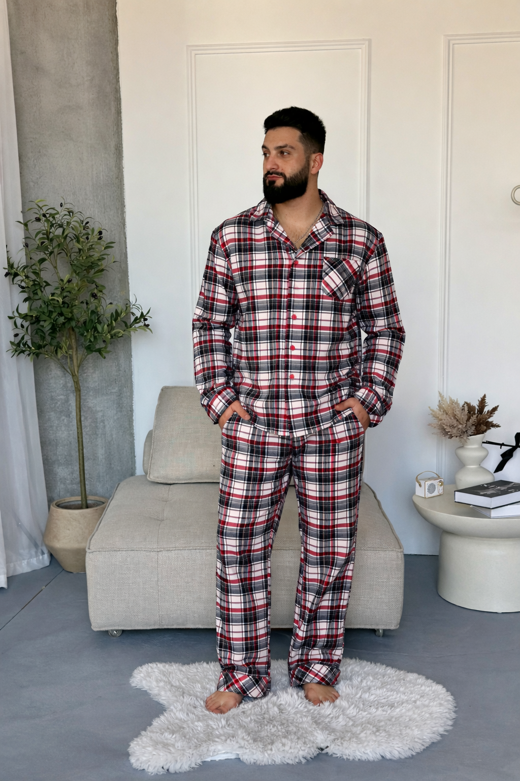 Піжама чоловіча з фланелі COSY Ловець снів штани/сорочка в клітинку S Бордово-сірий (DCFBG2827)
