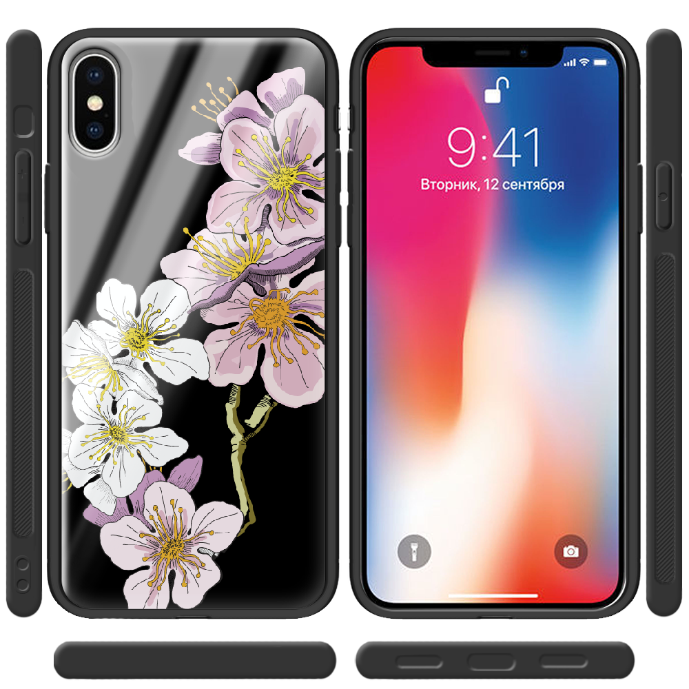 Чехол Boxface iPhone X Cherry Blossom Черный силикон со стеклом (32139-cc4-37734) - фото 2