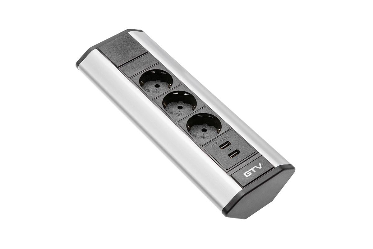 Удлинитель настольный GTV угловой на 3 вилки и 2 USB Серебристый (29864)