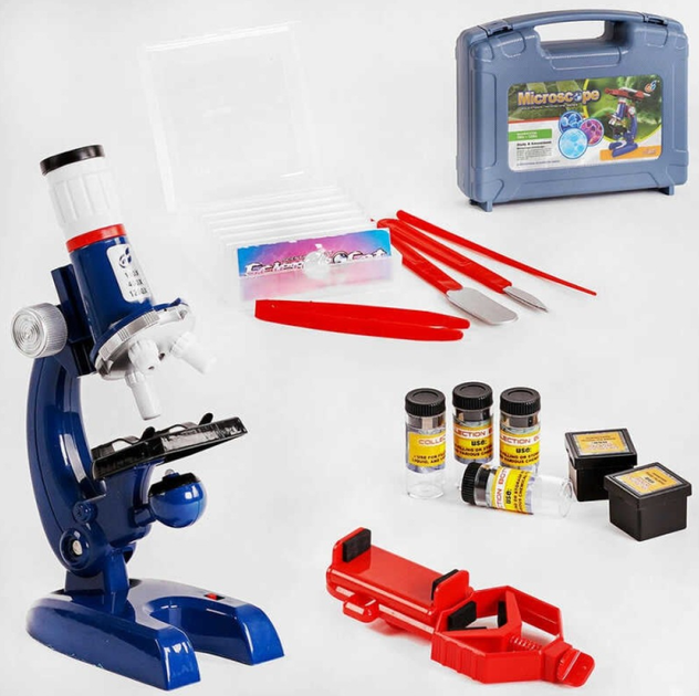 Микроскоп для детей С 2173 подсветка/контейнер с предметным стеклом/баночки/пластиковый держатель для телефона в чемодане (112272)