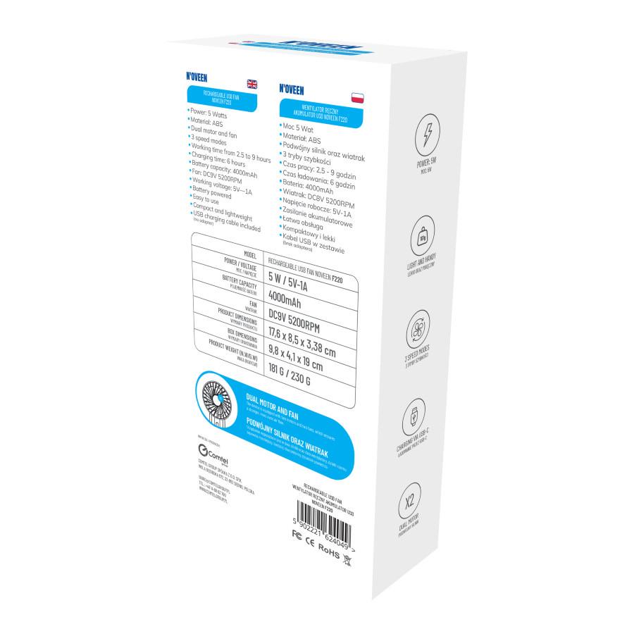 Вентилятор ручний акумуляторний Noveen F220 3 режими швидкості USB 4000 мАг 5 Вт 5200 об/хв 176х85х33,8 мм Сірий (2552651150) - фото 6 Вентилятор ручний акумуляторний Noveen F220 3 режими швидкості USB 4000 мАг 5 Вт 5200 об/хв 176х85х33,8 мм Сірий (2552651150) - фото 6