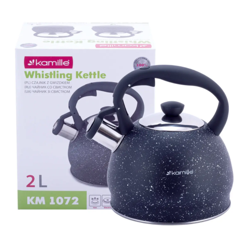 Чайник Kamille KM-1072 з нержавіючої сталі зі свистком та нейлоновою ручкою для індукції та газу 2 л Чорний (NA002372)