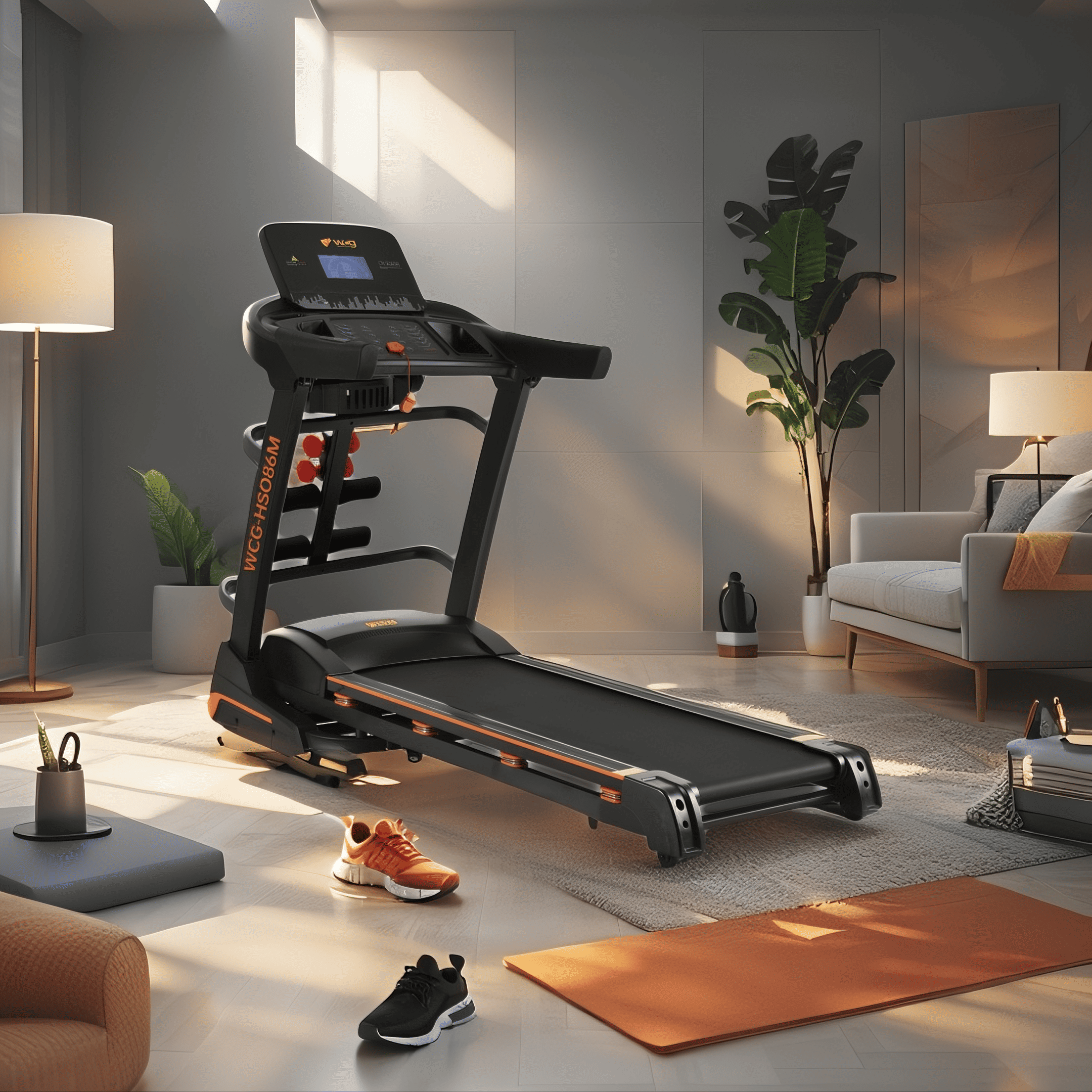 Беговая дорожка электрическая домашняя с 2 гантелями по 1,8 кг с ЖК-дисплеем и массажером WCG-HS086M Черный (HS086 (1)