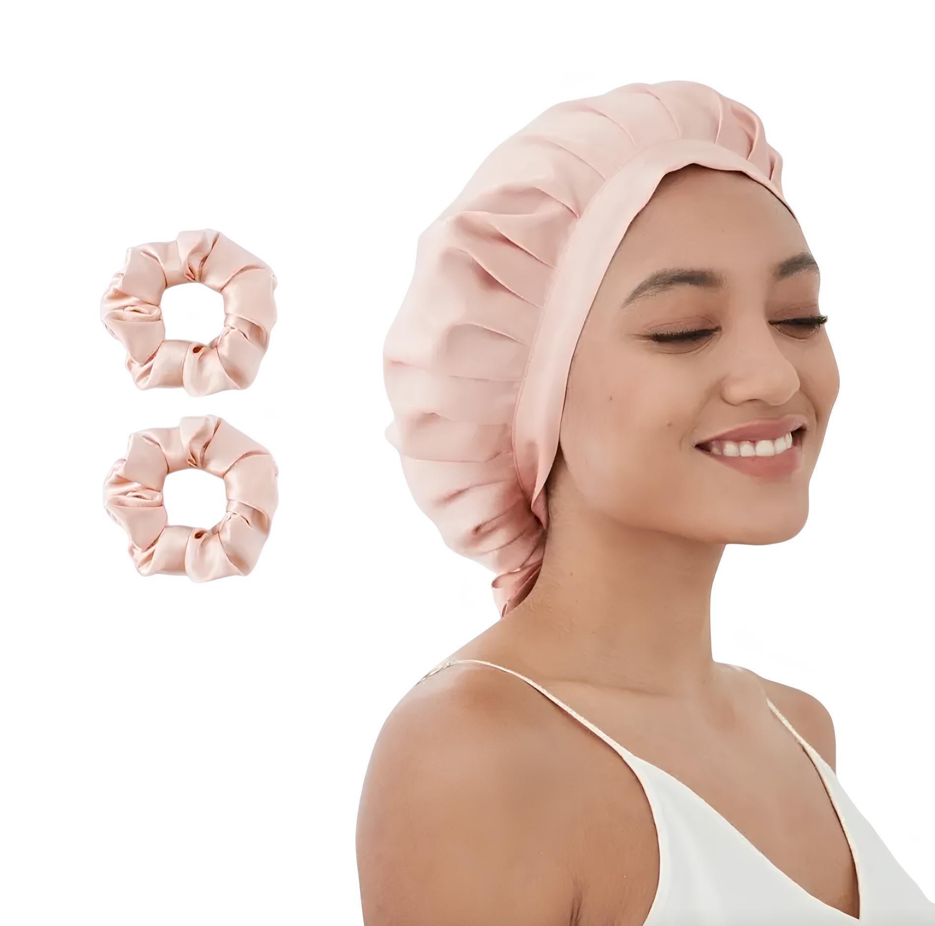 Шапочка для сну шовкова з мулберрі і 2 великі шовкові гумки для волосся Персиковий Шапочка для сну шовкова з мулберрі і 2 великі шовкові гумки для волосся Персиковий