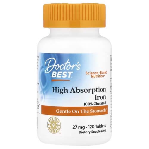 Залізо Doctor's Best High Absorption Iron with Ferrochel 27 мг 120 Tablets (DRB-00459)