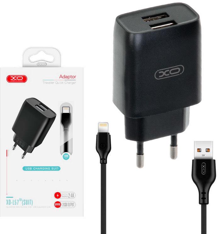 Устройство зарядное Xo L57 2 USB/кабель Lightning 2,4A Black (26032)