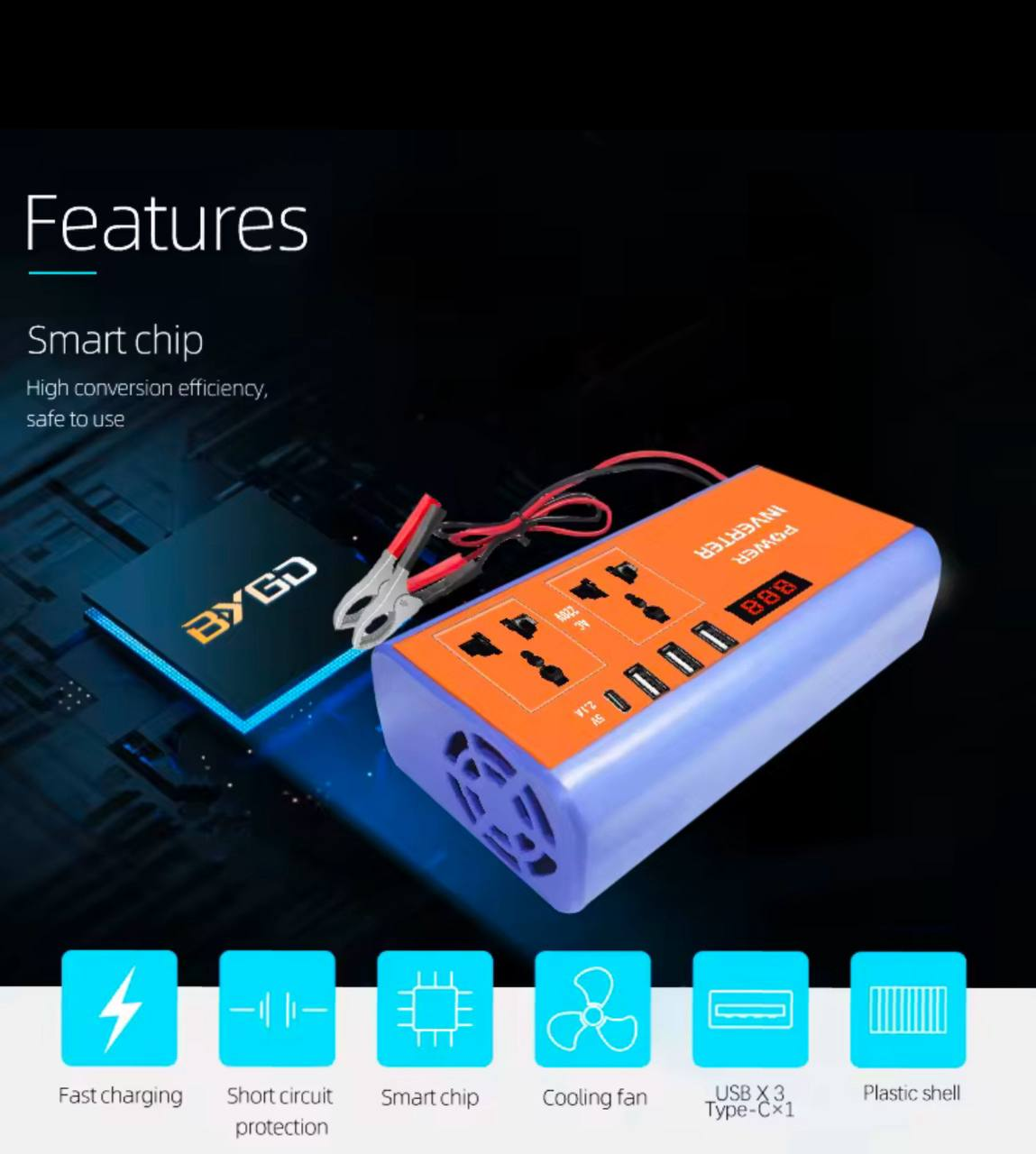 Инвертор автомобильный 500W 12/220 преобразователь напряжения с USB и цифровым дисплеем (inv500W) - фото 2