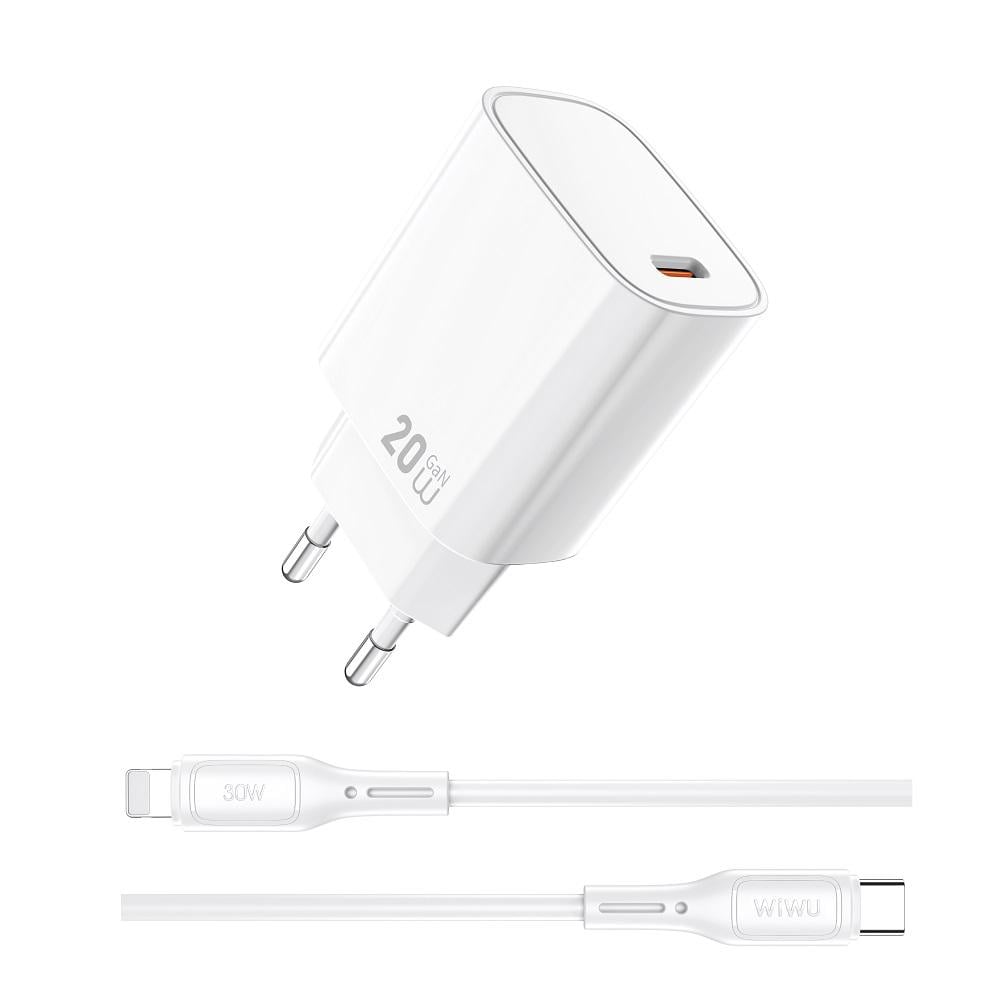 Зарядное устройство WIWU Wi-G007 Essen GaN Fast Charger с кабелем Combo 3A 20W Type-C-Lightning EU White (6977703653908)
