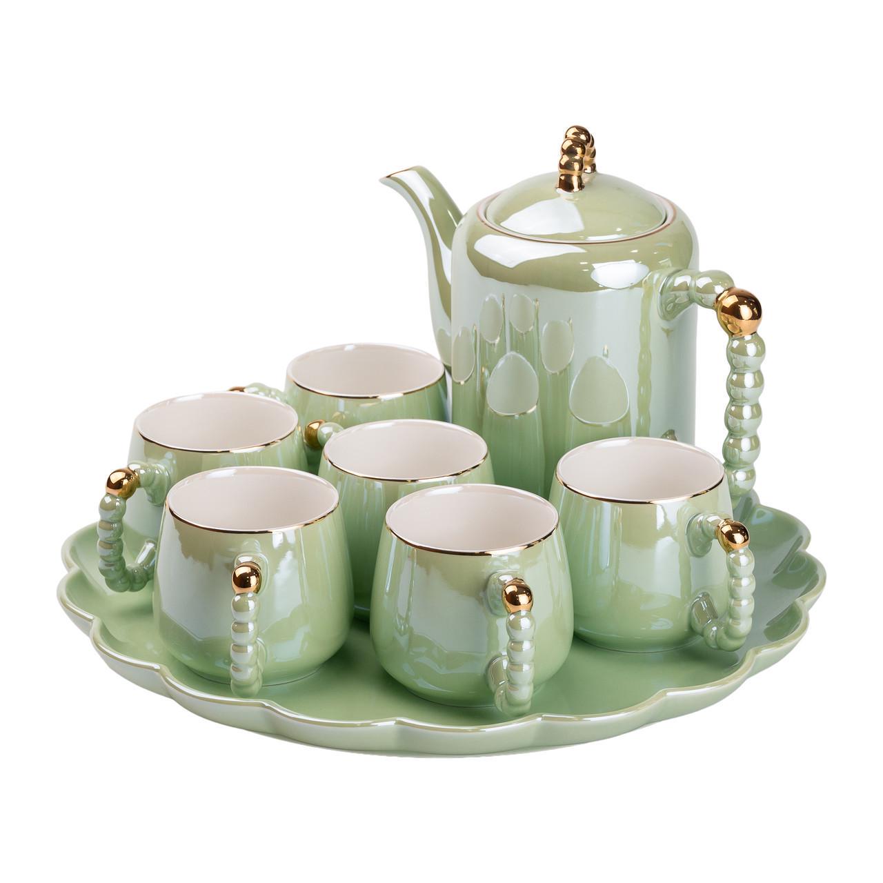 Чайный набор на 6 персон с заварочным чайником и керамической подставкой Зеленый - фото 1 Чайный набор на 6 персон с заварочным чайником и керамической подставкой Зеленый - фото 1